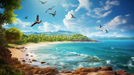 Beautiful tropical beach with trees and flying birds panorama.