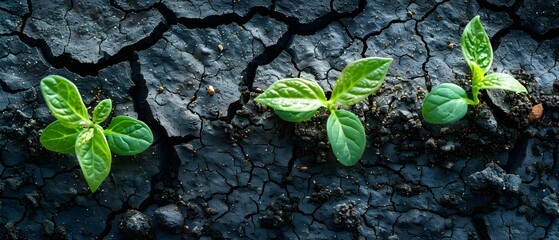 Resilience Amidst Scarcity: Seedlings Emerge from Parched Earth. Concept Agriculture, Drought, Resilience, Environmental Impact, Growth - obrazy, fototapety, plakaty