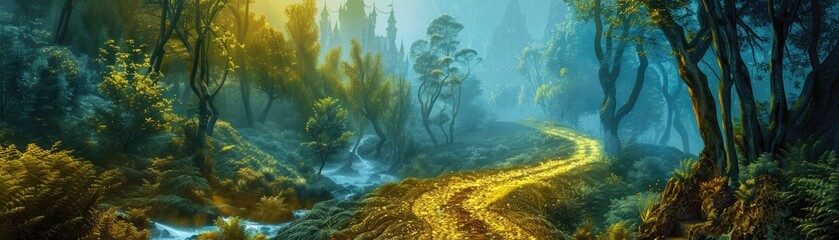 A golden path winding through a mystical forest leading to a shining castle representing the journey to success