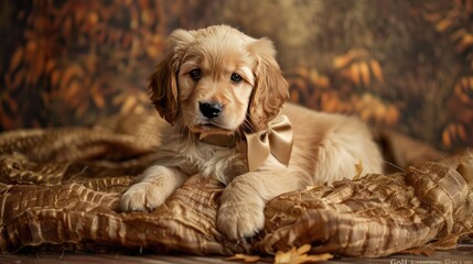 A golden retriever puppy wearing a bow playfully juxtaposing the idea of "gold" with adorable innocence