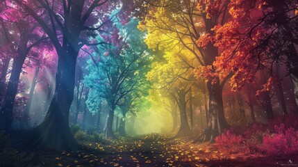 A magical forest where trees have leaves in rainbow colors