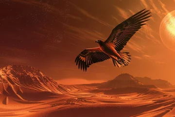 Wandcirkels tuinposter A majestic eagle soaring above the red Martian dunes casting a shadow on the alien landscape © AI Farm