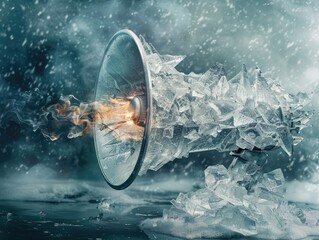 A megaphone encased in ice with a warm message melting its way through - obrazy, fototapety, plakaty