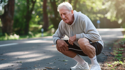 Elderly man in sportswear clutching his body in pain - obrazy, fototapety, plakaty