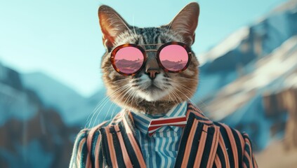 A cat wearing sunglasses and a suit with a tie - obrazy, fototapety, plakaty
