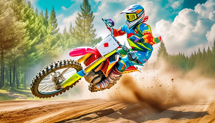 Motocross rider in colorful gear is captured mid-jump, kicking up dust on a sandy track surrounded by trees. Generative Ai. - 783470199
