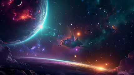 Cosmic Vista, Vivid galactic scene with planets, stars, and nebulae. - obrazy, fototapety, plakaty