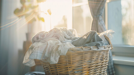 Laundry Day, Sunlit basket of laundry by a window with blowing curtains.