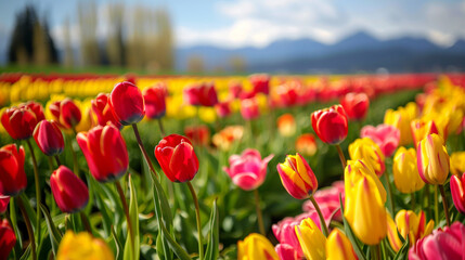 Obraz premium Tulip Fields and Mountains, Vivid tulip fields with a backdrop of majestic mountains under a clear sky.