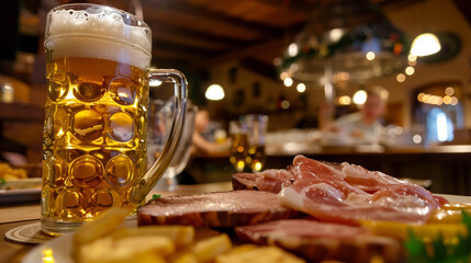 Bavarian Feast, Foamy beer mug with traditional German meal in a rustic tavern setting. - obrazy, fototapety, plakaty