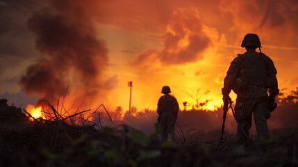 Battlefield Silhouettes, Soldiers silhouetted against a fiery sunset sky with smoke rising in the air.