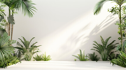 Fototapeta premium Tropical Plant Corner, 3D rendering of a sunlit corner with lush tropical plants.