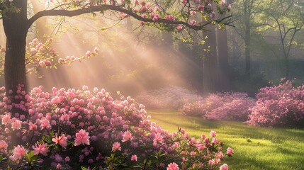 In the early morning of spring, in the park, the warm sunlight filtered through the trees and shone on the lawn, which was dotted with numerous pink flowers. - obrazy, fototapety, plakaty