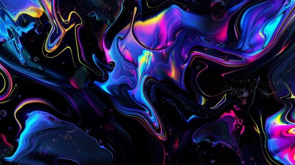 iridescent fluid shapes, on black background, psychedelic art,  fractalpunk, glitchy digital collage - obrazy, fototapety, plakaty