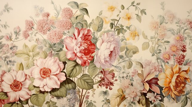 Beautiful floral vintage wallpaper. Vintage motif botanical with flowers and leaves.