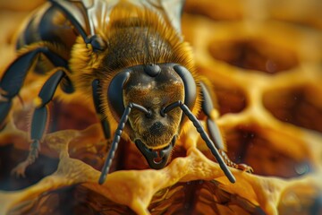 A close-up of a bee on a hexagon within a honeycomb