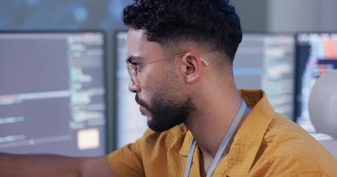Man, computer or focus on coding, it or question of security, web or glitch in digital software. Corporate, male hacker or screen in metaverse, business or data as nft, server or tech programming