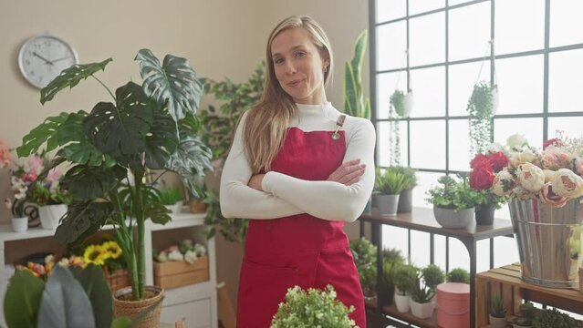 Smiling caucasian woman wearing an apron stands confidently in a flower shop surrounded by plants and bouquets.