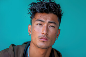 Attractive Young Native North American Man with Asian Features on Turquoise Backdrop