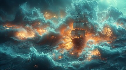 Sailors in a 3D Cartoon phosphorescent sea, battling mythical beasts with songs that calm the stormy waters