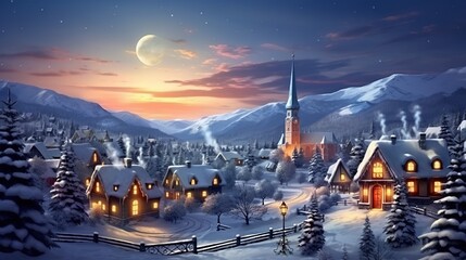 Beautiful winter village landscape for new year holiday celebration concept.