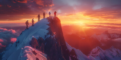People standing on a mountain peak, silhouetted against a vibrant sunset sky