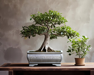 A Bonsai tree with white and green leaves in an ornamental rectangular pot