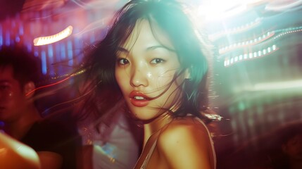  flash photography of An asian girl dancing at a nightclub