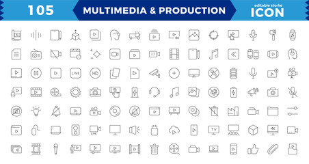 Multimedia & Production icon set. Cinema icon set. Movie sign collection. Set of cinema, movie, video icons, collection film, TV, Outline icon set collection.