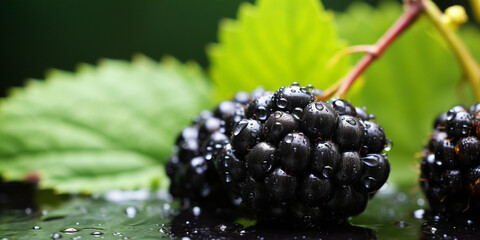 Fresh Blackberry Fruit Ripe blackberries and leaves on a bush closeup