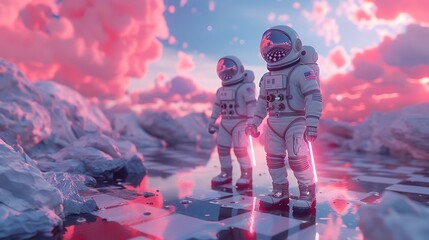 3D Cartoon astronauts in a surreal duel with bubble gum laser swords on a checkerboard planet - obrazy, fototapety, plakaty