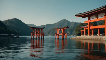 Afwasbaar fotobehang A torii gate in the middle of a lake with mountains in the distance.   © Mujtaba
