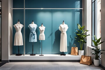  Display window of fashion or clothing boutique shop with blank clean signboard mockup for offers or sale season design. 