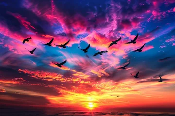 Zelfklevend Fotobehang A flock of birds flying across a sunset sky, their silhouettes adding life to the vibrant tapestry of colors. 32k, full ultra hd, high resolution © Annu's Images