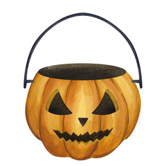Halloween bucket carved orange pumpkin for sweet candies. Jack o Lantern traditional illuminating the way. Trick or treat. Clipart funny spooky picture. Hand drawn watercolor illustration isolated