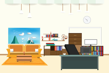 living room and office interior flat design relax with yellow sofa and Computer table - chair bookshelf window sky cloud landscape bird on mountain in wall color cream background. vector illustration