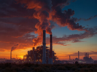 Fototapeta na wymiar Sunset Silhouette, Factory Amidst the Evening Glow