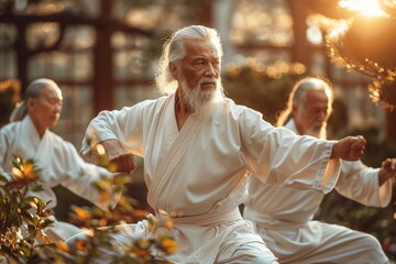Elderly individuals perform Tai Chi in a serene garden at sunrise.