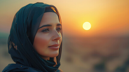 Hijabi woman, serene, gazing at sunset over desert
