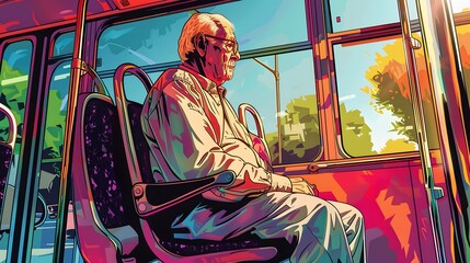 Colorful Comic Illustration of an Elderly Man on a Bus Ride
