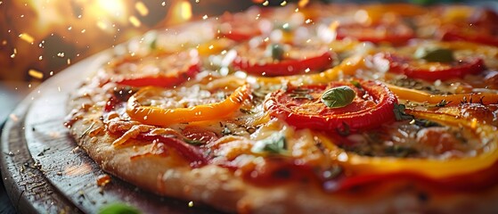 Obraz na płótnie Canvas Vegetarian pizza, bell pepper slices, close-up, melting vegan cheese, rustic stone oven light