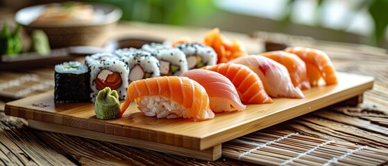 Sushi platter, nigiri focus, sharp detail, wasabi and ginger side, bamboo mat, natural light