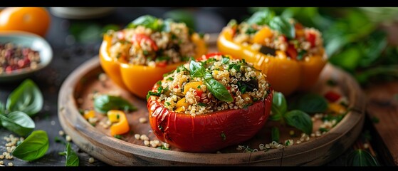 Stuffed bell peppers, quinoa mix, close view, warm tones, soft focus, kitchen table setting