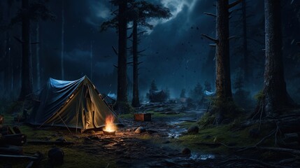 Night camping at the forest with campfire in rainy atmosphere. - obrazy, fototapety, plakaty