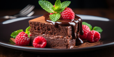 Cake with coffee cheese cream and chocolate chocolate cake with raspberries