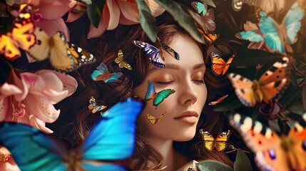 Portrait of beautiful woman with black hair and butterflies around isolated on black background
