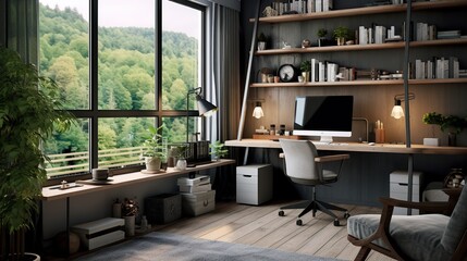 Modern comfortable office room with computer screen on the table in Scandinavian design concept.