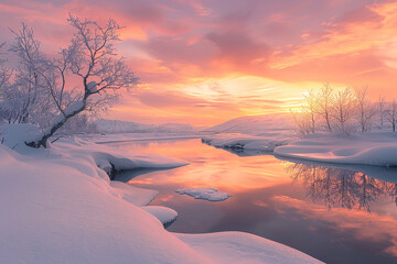 A frosty winter landscape under a pink and orange sunset sky, with the snow reflecting the sky's warm tones, offering a contrast of cold scenery and warm colors. 32k, full ultra hd, high resolution - obrazy, fototapety, plakaty