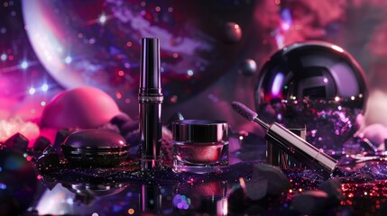 Fototapeta na wymiar Bring a touch of cosmic energy to your cosmetic display with this captivating backdrop. The bold metallic satellite adds an unexpected . .