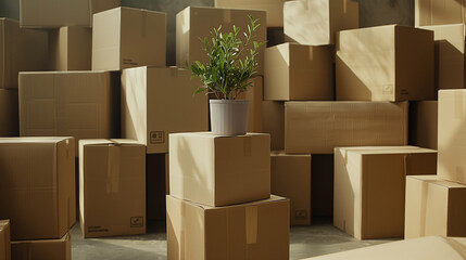 Minimalistic Cardboard Boxes with Potted Plant in a Warehouse